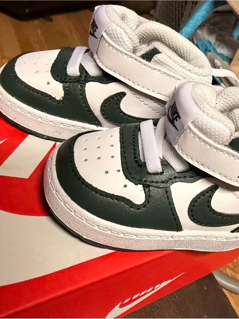 Nike Kids White and Dark Green High-Top Sneakers with Strap